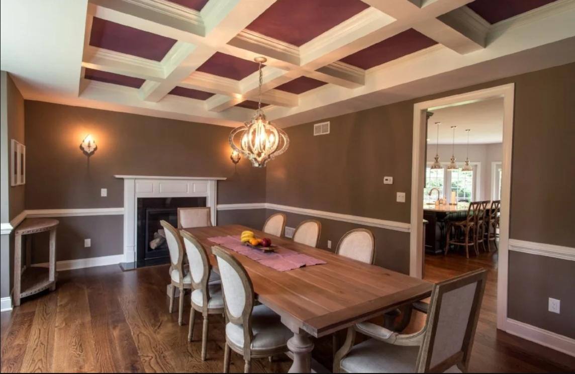 dining room with hardwood floors and checkered ceiling in custom home by gtg builders in central new jersey dining room with hardwood floors and checkered ceiling in custom home by gtg builders in central new jersey