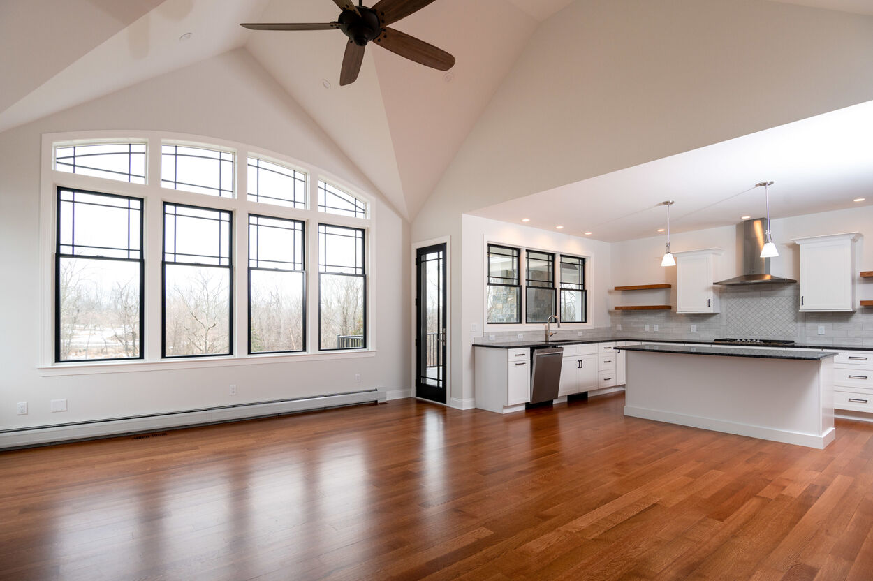 interior of living area and kitchen in custom home by gtg builders in central new jersey